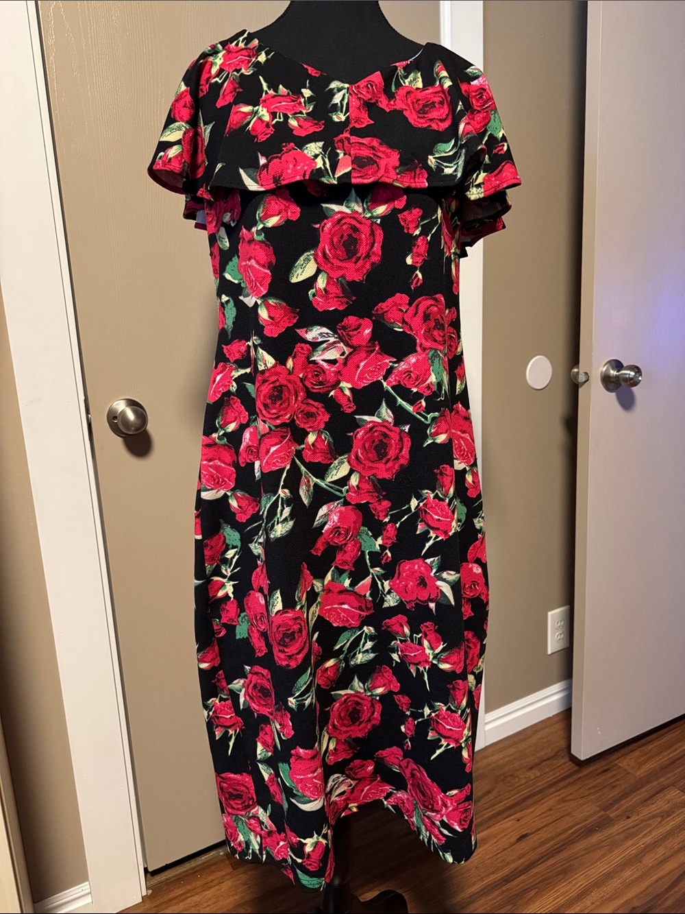 Unique Vintage Black Midi Dress with Red Rose Print
